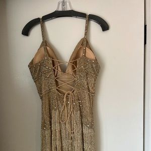 Sherri Hill beaded fitted gold cocktail dress